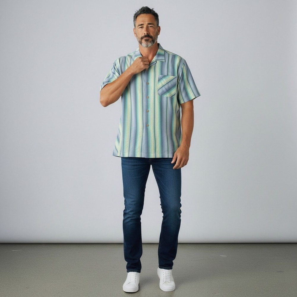 Tommy Bahama Silk Button Up Shirt L Blue Green Striped Short Sleeve Camp Collar